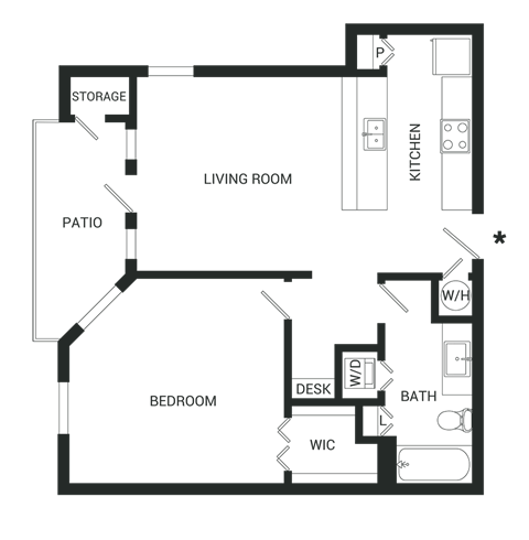 Floor plan for 1 bed, 1 bath, 741 sqft